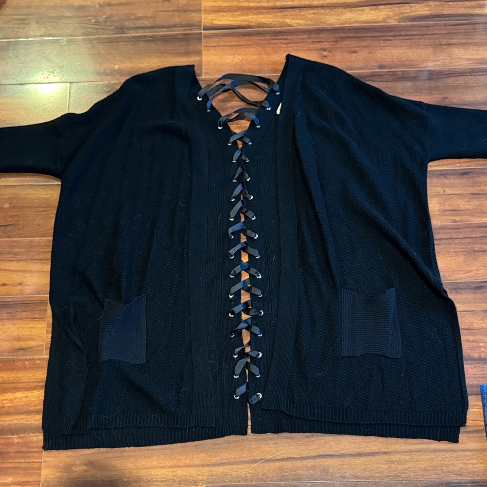 Democracy Black Lace-Up Cardigan